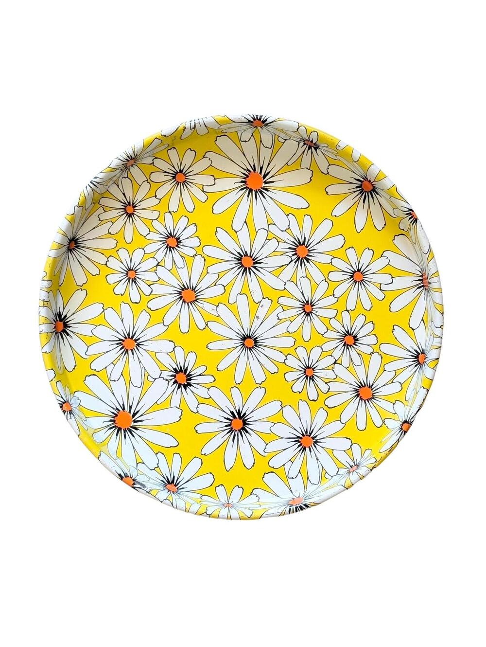 Groovy Vintage Metal Serving Tray with Yellow & White Daisy Pattern - Drink Tray